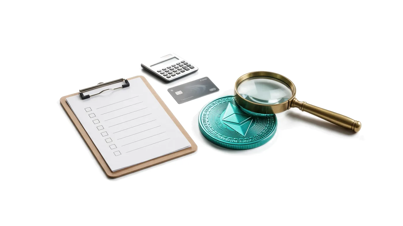 A desk with a blank checklist, a calculator, a stablecoin, a bank card and a magnifying glass