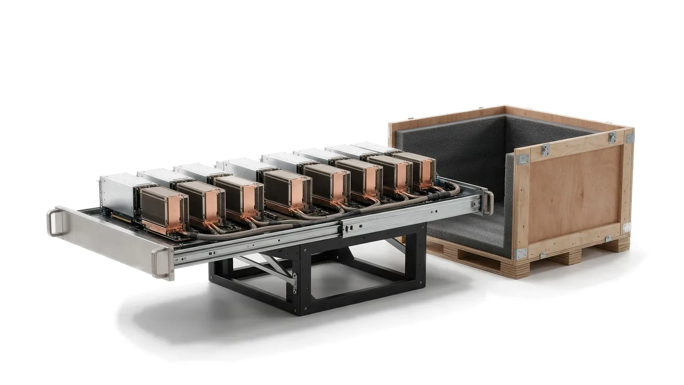 A GPU server tray pulled out beside its open shipping crate