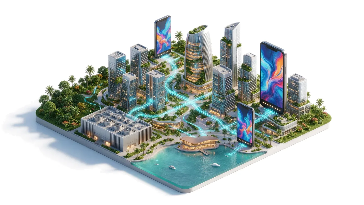 A tropical waterfront financial district with office towers, a data center and phones linked by token streams
