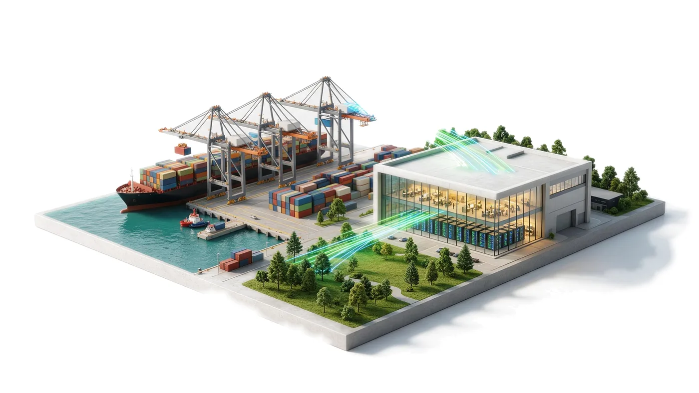A container port next to an AI data center
