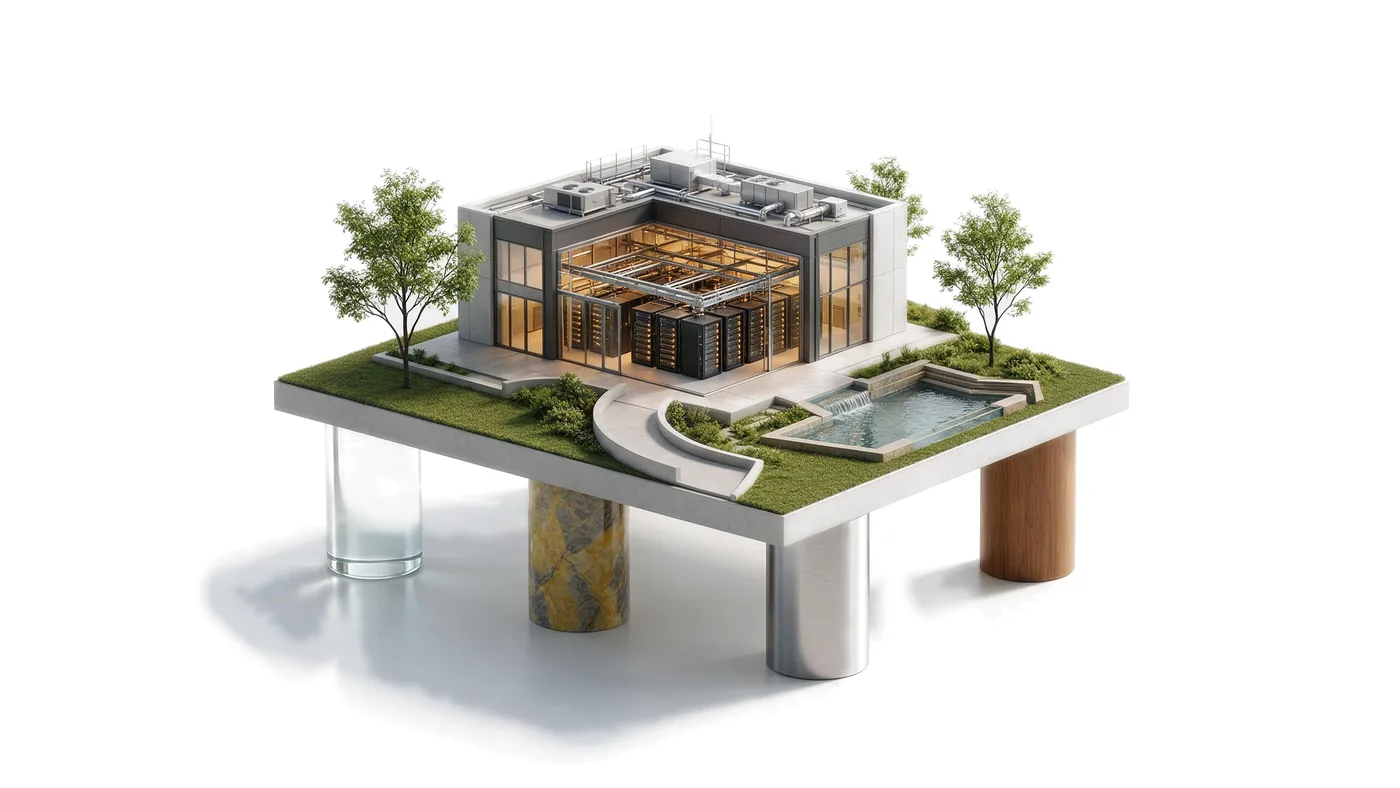 A data center platform held up by four columns of glass, steel, stone and wood