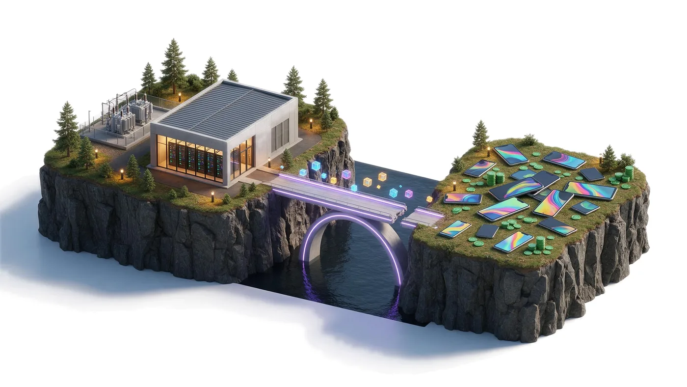 A bridge of light being built across the gap between GPU infrastructure and app revenue