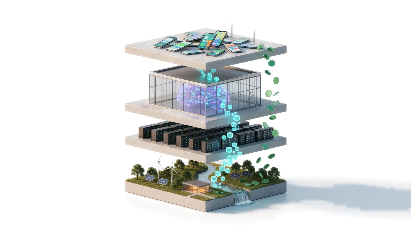 Four stacked tiers of the AI supply chain: land and power, GPU racks, an AI model building and phones, with tokens rising and payments flowing back down