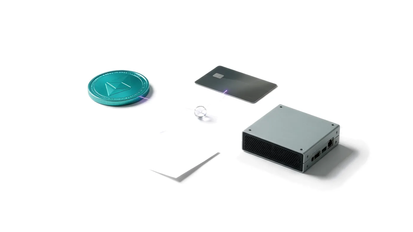 A stablecoin, a blank invoice, a bank card and a server module linked together