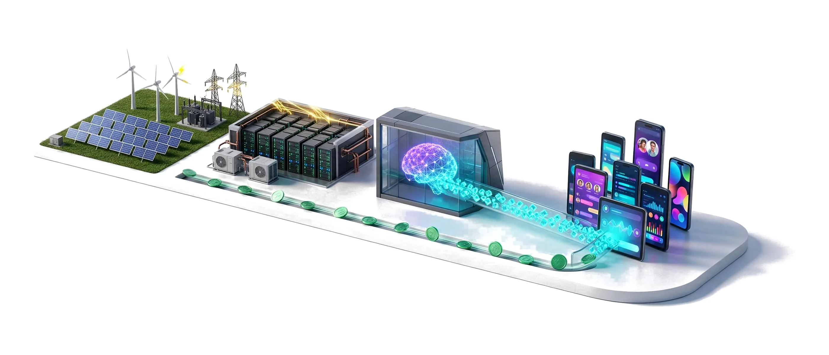 Architectural model of the AI supply chain: a data centre campus, a research lab, a logistics hub and a city, joined by a glowing rail carrying money
