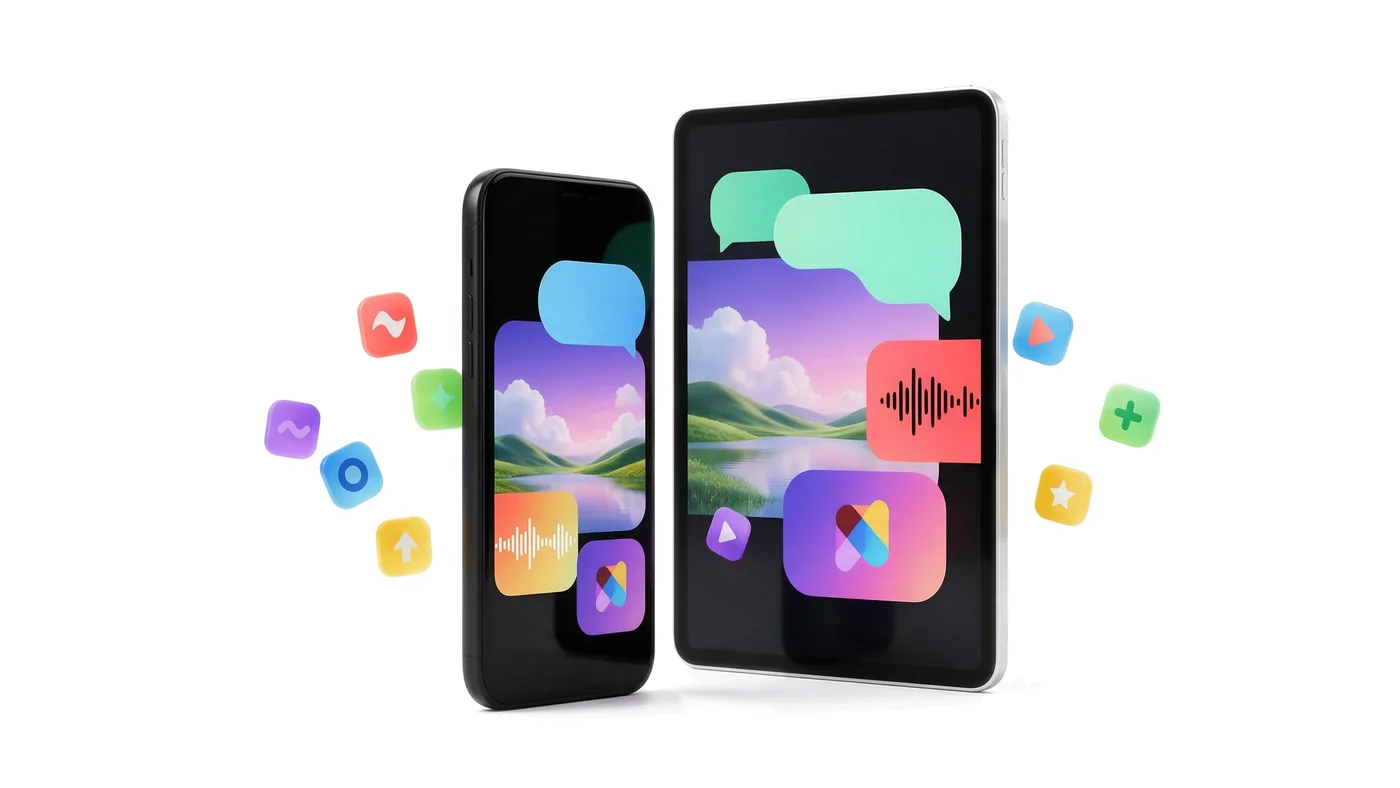 Phone and tablet showing colourful AI app screens surrounded by app icons
