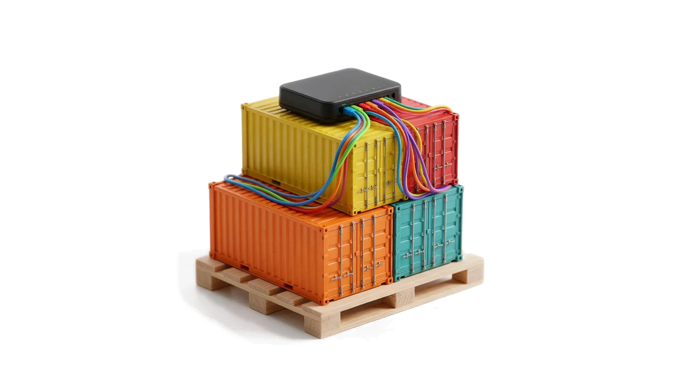 Stack of colourful shipping containers wired to a network router