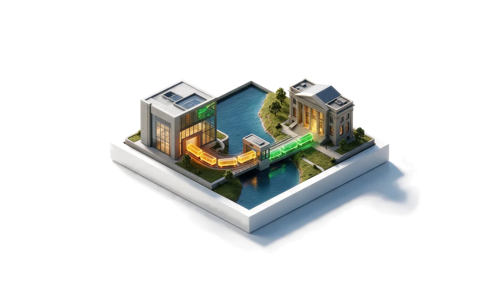 Model of a digital vault and a bank on two islands, joined by a bridge with a conversion gate